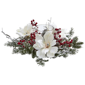 Frosted Magnolia & Berry Artificial Arrangement Candelabrum