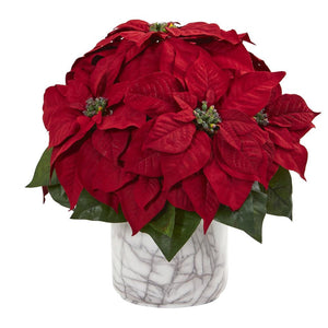 15" Poinsettia Artificial Arrangement in Marble Finished Vase