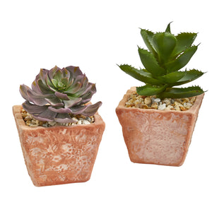 9” Mixed Succulent Artificial Plant In Terra Cotta Planter (Set Of 2)