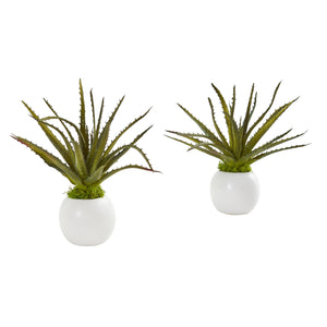 10” Mini Aloe Succulent Artificial Plant In White Vase (Set Of 2)