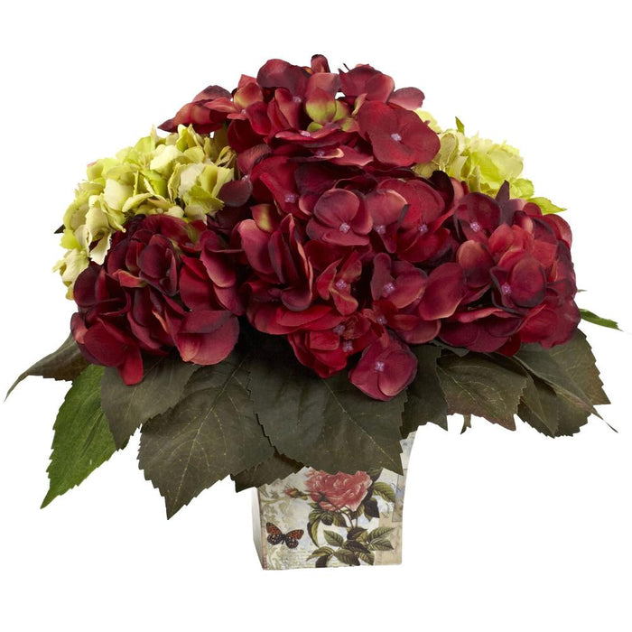 Green & Burgundy Hydrangea Arrangement