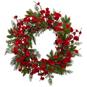 24” Artificial Plum Blossom Pine Wreath