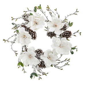 24” Snowed Magnolia / Pine Cone Wreath