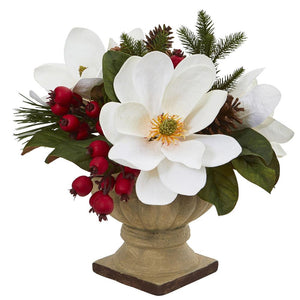 15" Magnolia, Pine and Berries Artificial Arrangement