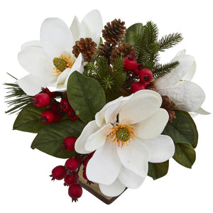 15" Magnolia, Pine and Berries Artificial Arrangement