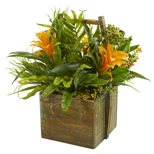 Bromeliad & Mixed Greens Artificial Arrangement in Planter - BACK