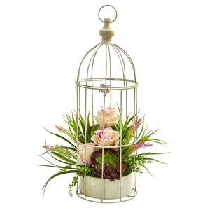 Rose, Grass & Succulent Artificial Arrangement in Bird Cage