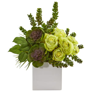 14” Rose & Succulent Artificial Arrangement In White Vase - Green