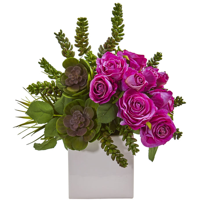 14” Rose & Succulent Artificial Arrangement In White Vase