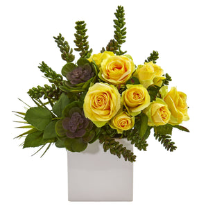 14” Rose & Succulent Artificial Arrangement In White Vase - Yellow