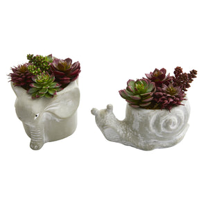 Succulent Artificial Plant in Elephant and Snail Planter (Set of 2)