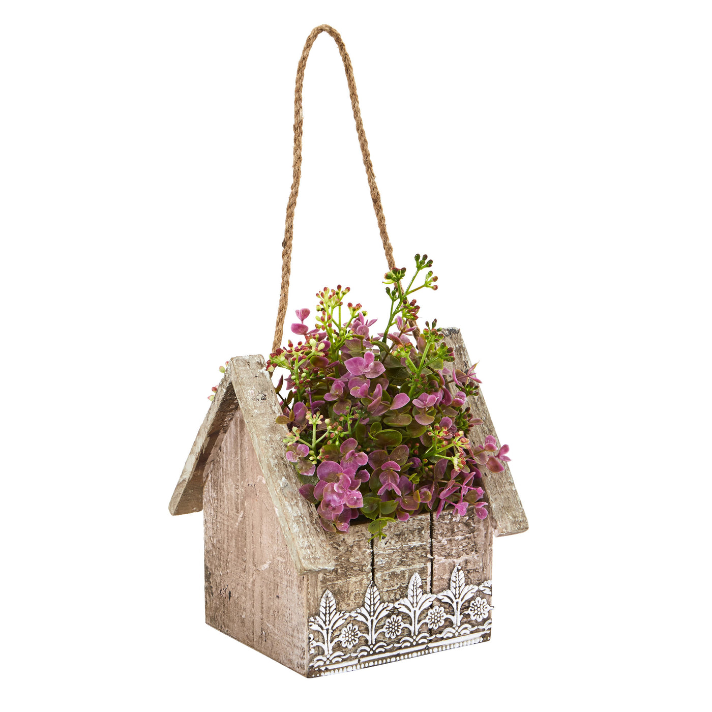 hanging basket silk plant Sedum and Eucalyptus Artificial Plant in Birdhouse Hanging Basket – Home Staging Warehouse