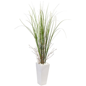 Fake Bamboo Grass in White Tower Ceramic - Home Staging Warehouse