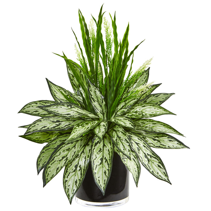 Silver Queen and Grass Artificial Plant in Black Vase