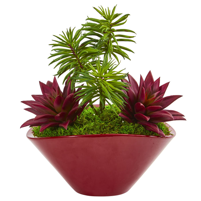 Succulent Garden Artificial Plant In Burgundy Vase