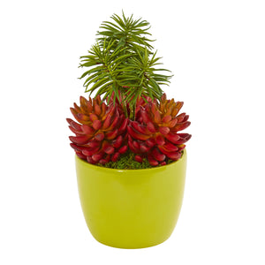 13” Succulent Artificial Plant In Green Vase
