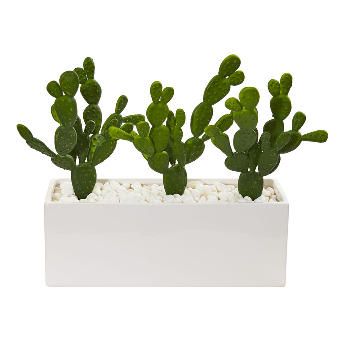 11” Cactus Succulent Artificial Plant In Glazed White Vase