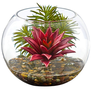 Mixed Succulent Artificial Plant In Round Glass Vase