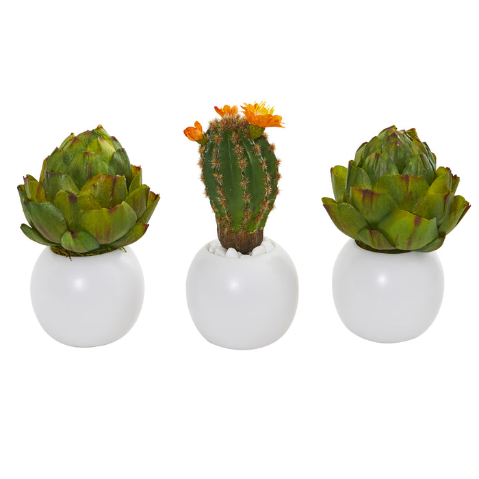 8” Artichoke And Cactus Artificial Plant In White Planter (Set Of 3)