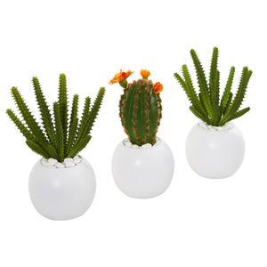 8” Cactus Succulent Artificial Plant In White Planter (Set Of 3)