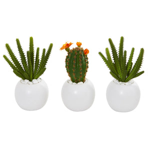 8” Cactus Succulent Artificial Plant In White Planter (Set Of 3)