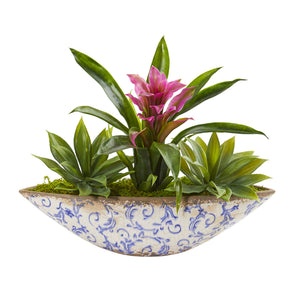 Bromeliad And Agave Artificial Plant In Floral Planter - Purple