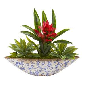 Bromeliad And Agave Artificial Plant In Floral Planter - Red