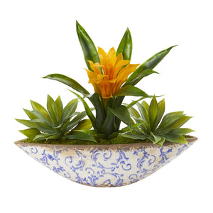 Bromeliad And Agave Artificial Plant In Floral Planter - Yellow