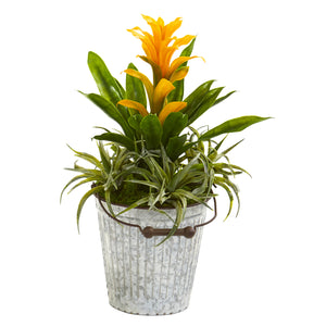 18” Bromeliad And Succulent Artificial Plant In Metal Bucket