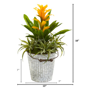 18” Bromeliad And Succulent Artificial Plant In Metal Bucket