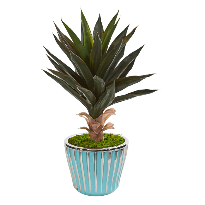 21” Agave Artificial Plant In A Turquoise Planter With Silver Trimming
